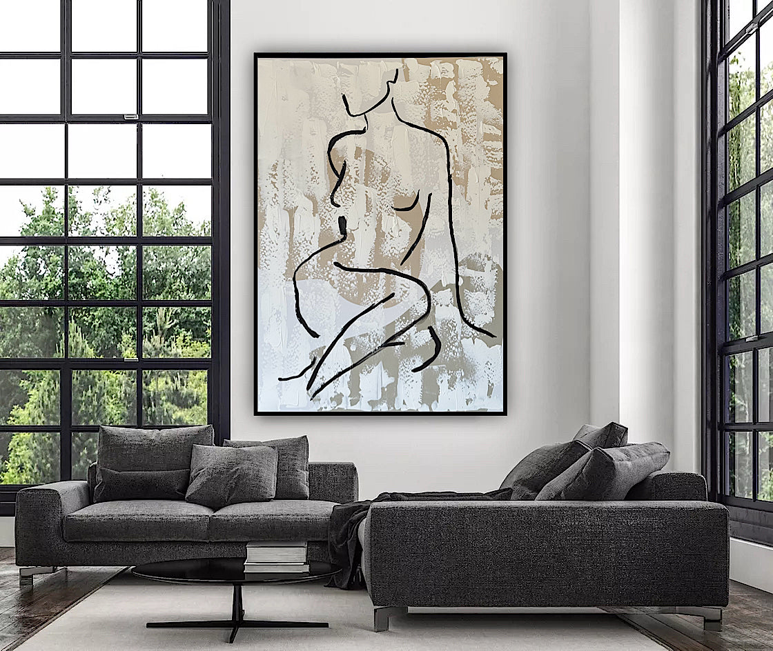 Framed in black Original Abstract contemporary Oil Painting On Canvas 70x50cm Nude textured Oka