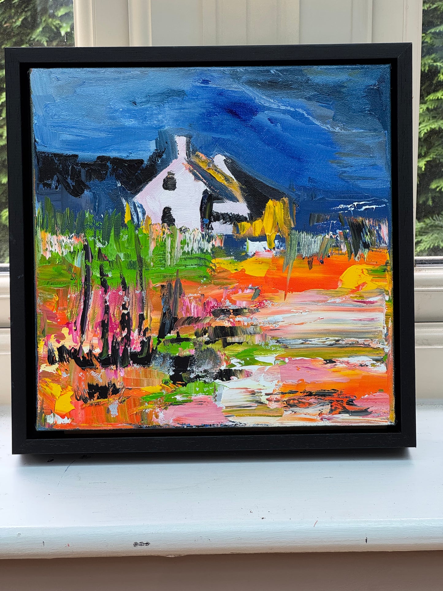 Framed in black frame Original Abstract contemporary Oil Painting On Canvas 32 x 32cm Irish cottage