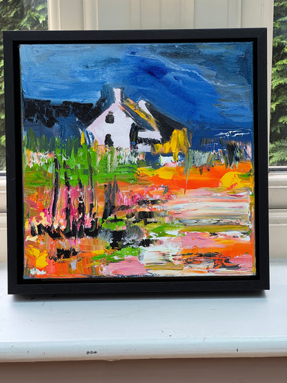 Framed in black frame Original Abstract contemporary Oil Painting On Canvas 32 x 32cm Irish cottage