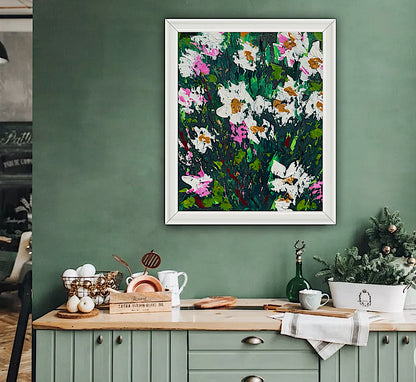 Original Abstract Oil Painting On Canvas board 60 x 50cm garden white flowers I Oka