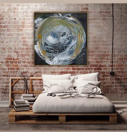 Original Abstract mixed media oil acrylic wax Painting On Canvas 50x50cm Gold & Ash Orbit oka