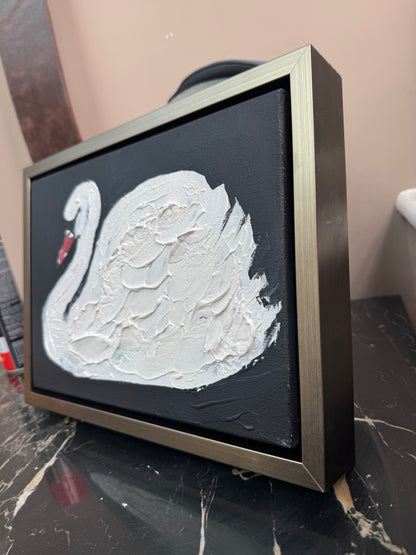 Framed in gold textured Original Contemporary Abstract Oil Painting On Canvas 33x25cm White Swan