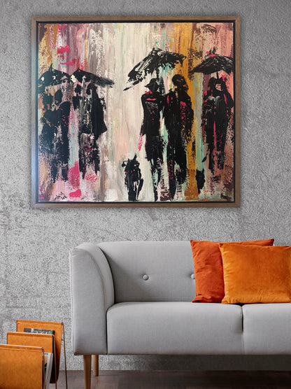 Original Abstract contemporary Oil Painting On Canvas 64cm x 60cm London in the Rain Framed in dark oak
