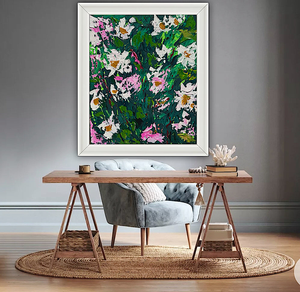 Original Abstract Oil Painting On Canvas board 60 x 50cm garden white flowers II Oka