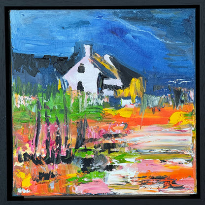 Framed in black frame Original Abstract contemporary Oil Painting On Canvas 32 x 32cm Irish cottage