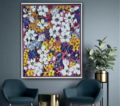 Framed Original Abstract Oil Painting On Canvas 80 x 65cm white flowers in bloom textured framed