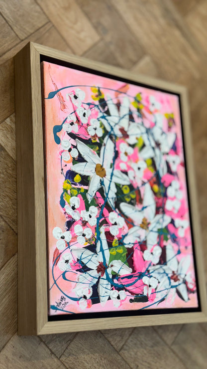 Framed Original Abstract contemporary Oil Painting On Canvas 40 x 30cm white Flowers Oka