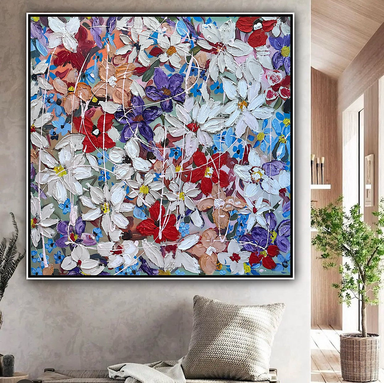 Framed Original Abstract Oil Painting On Canvas 80x80cm Roses & more Flowers Textured