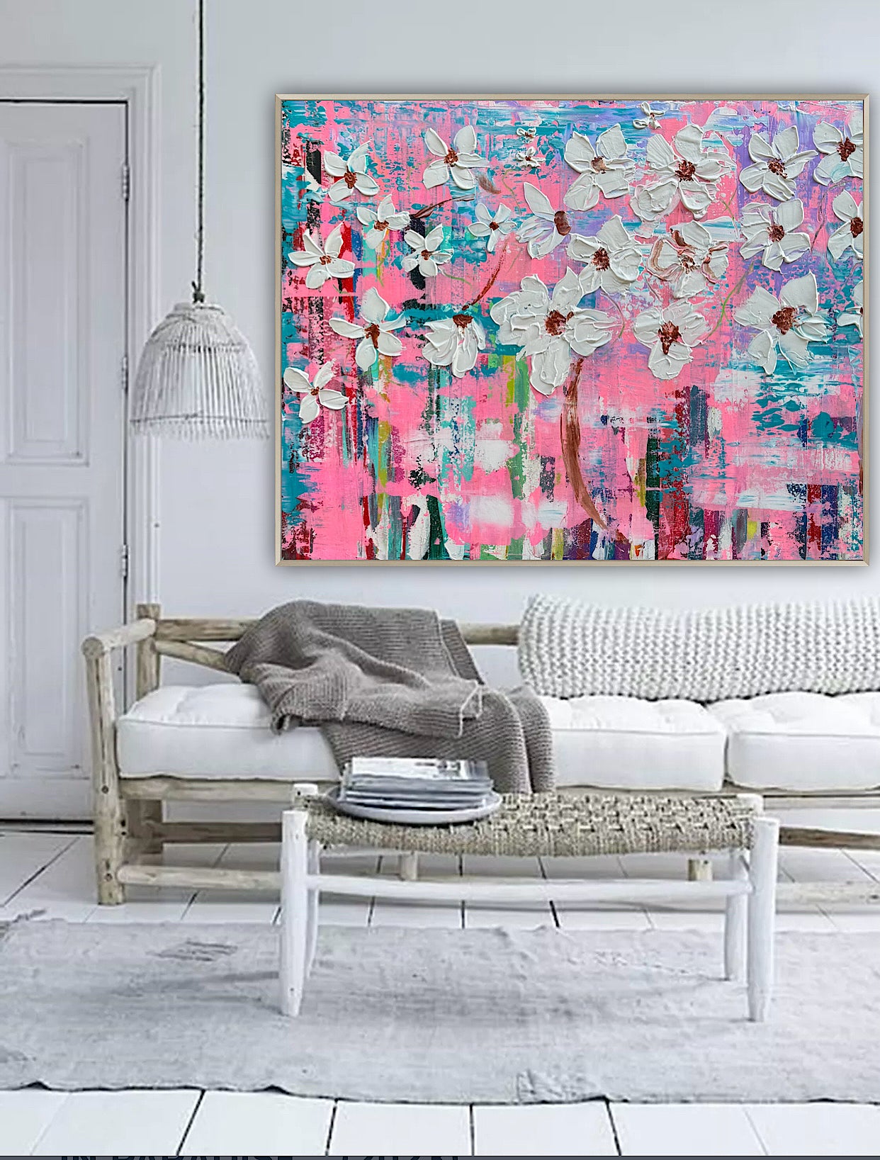 Large Abstract Original Oil Painting On 100x77cm canvas ‘White Flowers ’ vogue oka