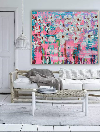 Large Abstract Original Oil Painting On 100x77cm canvas ‘White Flowers ’ vogue oka