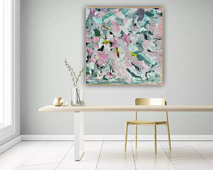 Large Abstract Original Oil Painting On 50x50cm canvas textured Painting ‘Pink Fusion’ Oka framed in solid oak frame