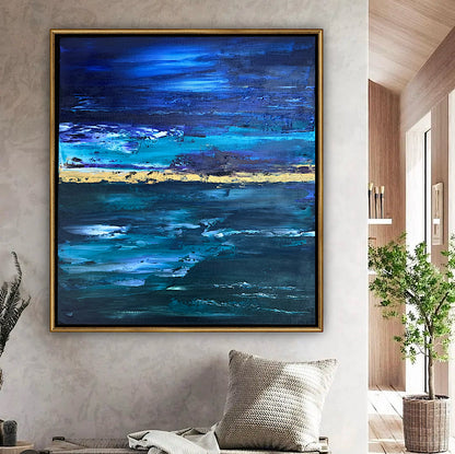 Framed in gold oak frame Original Abstract contemporary Oil Painting On Canvas 55x50cm  textured Oka Night Ocean