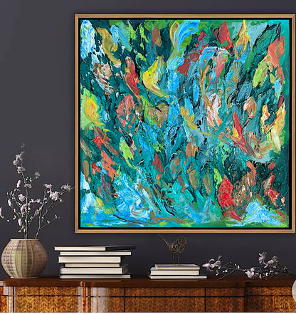 Framed in oak Original Abstract contemporary Oil Painting On Canvas 55x55cm Velvet Tides textured Oka
