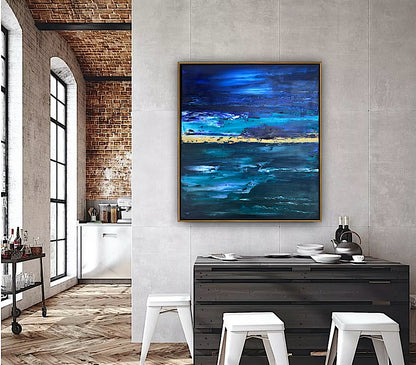 Framed in gold oak frame Original Abstract contemporary Oil Painting On Canvas 55x50cm  textured Oka Night Ocean