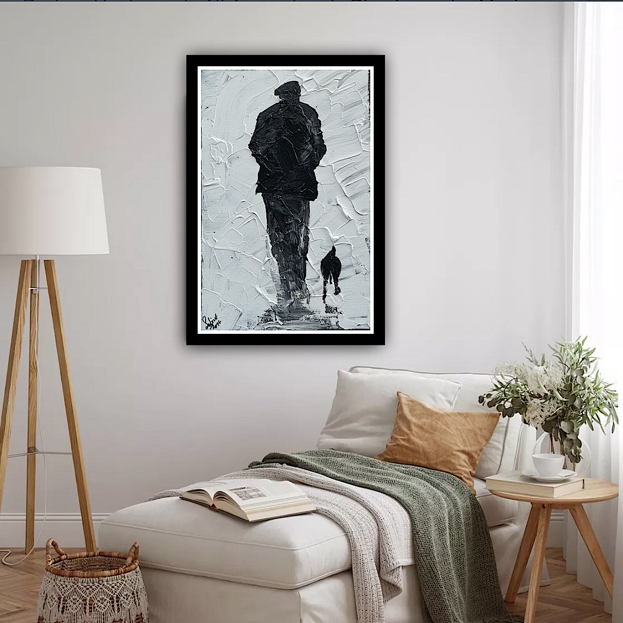 Framed Original Contemporary Abstract Oil Painting On Canvas 42cm x 29cm ‘ Pals’ man with a dog