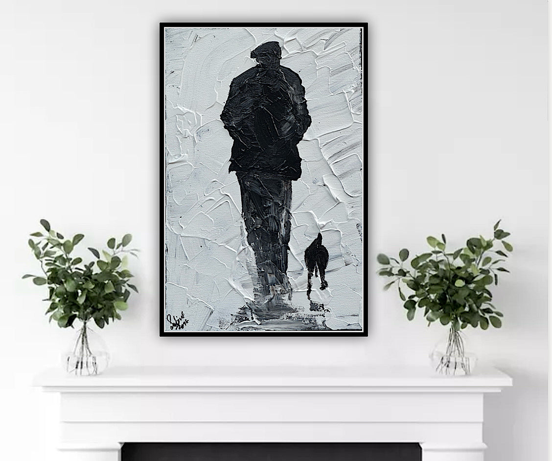 Framed Original Contemporary Abstract Oil Painting On Canvas 42cm x 29cm ‘ Pals’ man with a dog