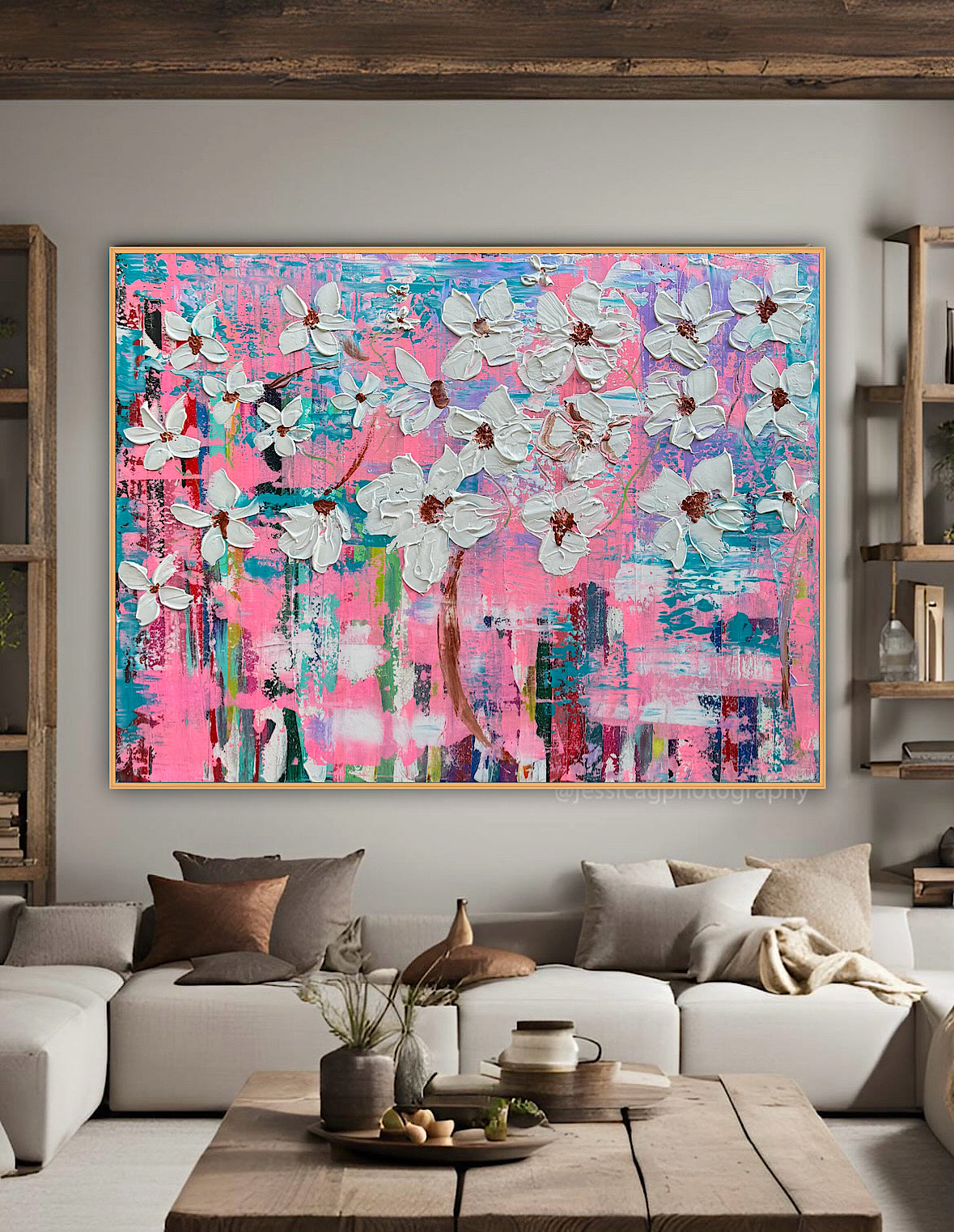 Large Abstract Original Oil Painting On 100x77cm canvas ‘White Flowers ’ vogue oka