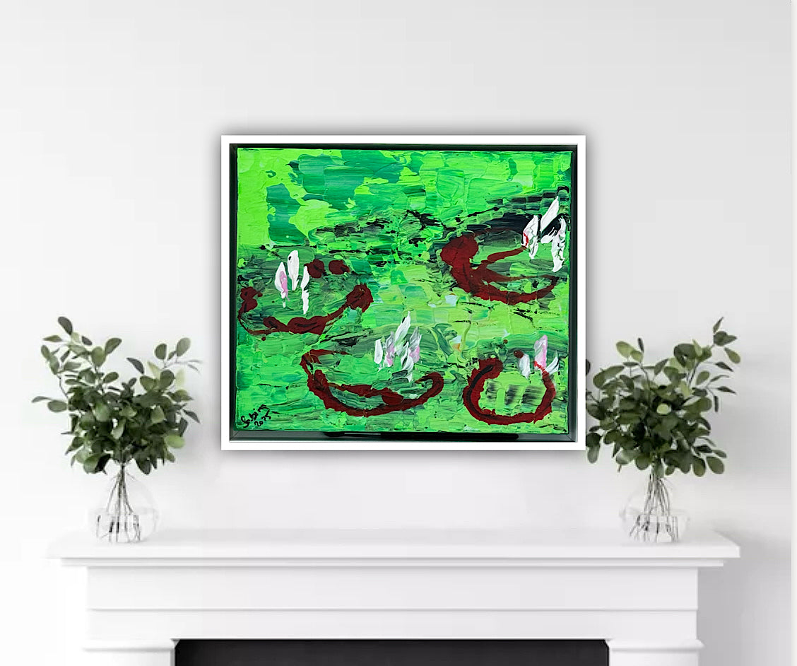 Framed Original Abstract contemporary Oil Painting On Canvas 36 x 33cm  Lily Pond oka