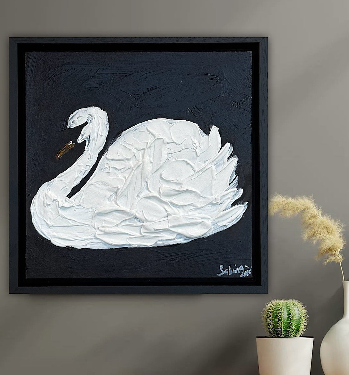 Framed Original Abstract contemporary Oil Painting On Canvas 30x30cm Swan Nocturne oka