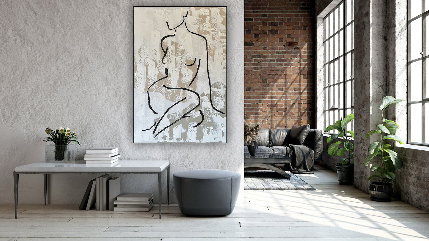 Framed in black Original Abstract contemporary Oil Painting On Canvas 70x50cm Nude textured Oka