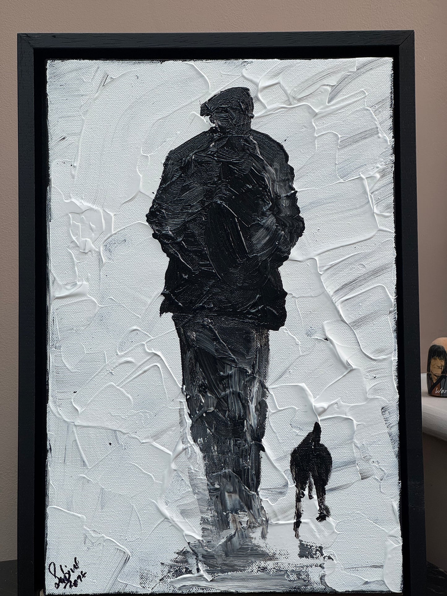 Framed Original Contemporary Abstract Oil Painting On Canvas 42cm x 29cm ‘ Pals’ man with a dog