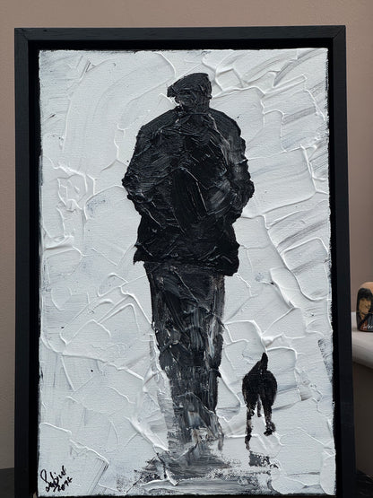 Framed Original Contemporary Abstract Oil Painting On Canvas 42cm x 29cm ‘ Pals’ man with a dog