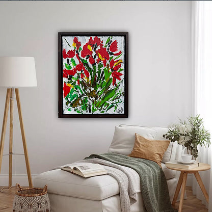 Framed Original Contemporary Abstract Oil Painting On Canvas 38 x 32cm ‘ Red Flowers