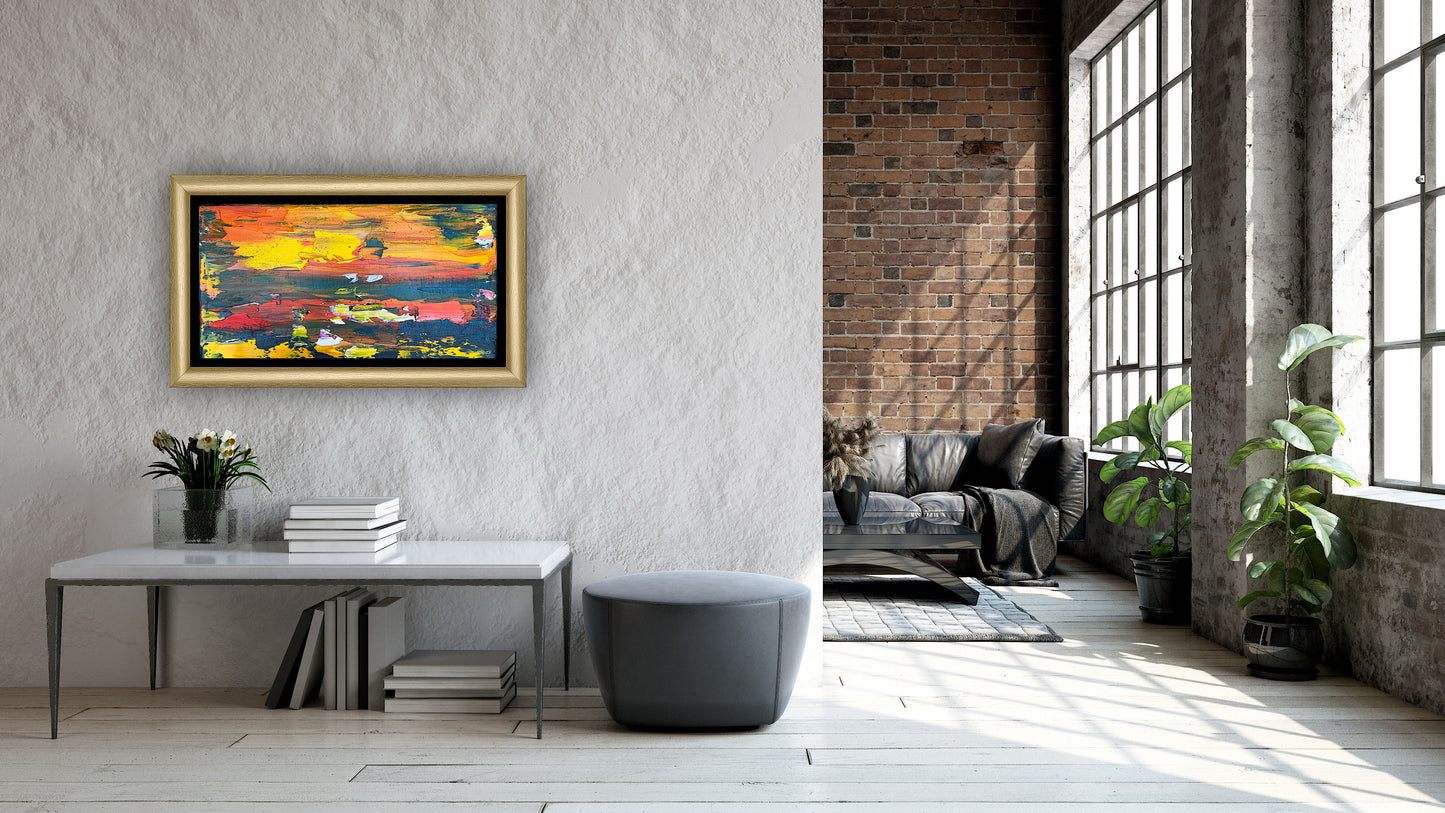 Framed in gold Original Abstract contemporary Oil Painting On Canvas 35x22cm Molten Sky