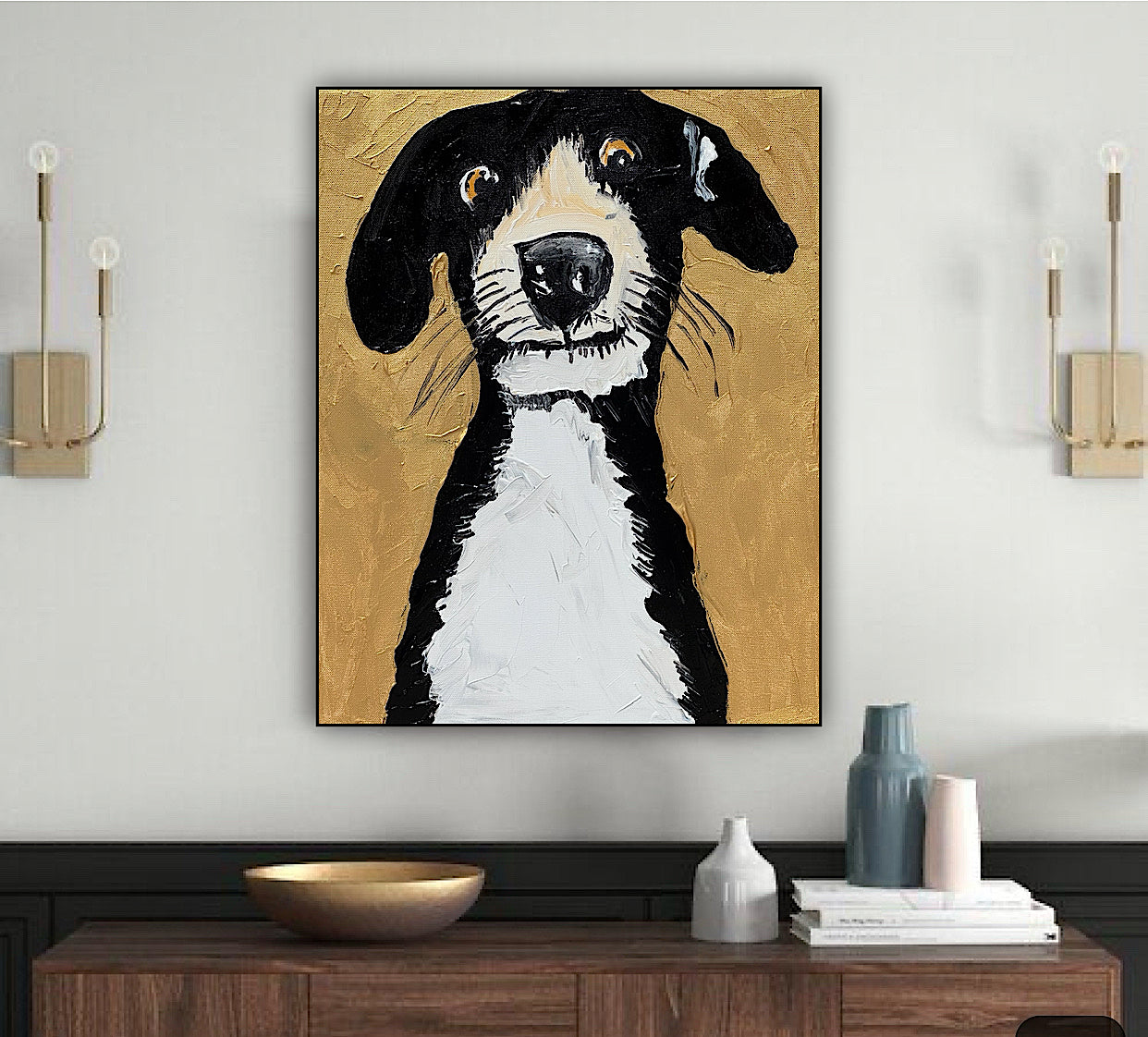 Original Abstract Oil Painting On 50 x 40cm Canvas Gold Background ‘Protector’ Dog