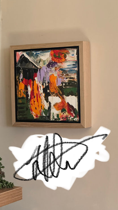 Framed Original Abstract contemporary Oil Painting On Canvas 30 x 30cm House on a Hill Oka
