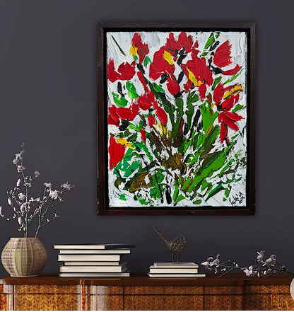 Framed Original Contemporary Abstract Oil Painting On Canvas 38 x 32cm ‘ Red Flowers