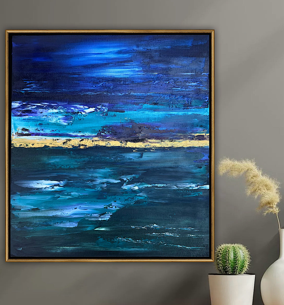 Framed in gold oak frame Original Abstract contemporary Oil Painting On Canvas 55x50cm  textured Oka Night Ocean