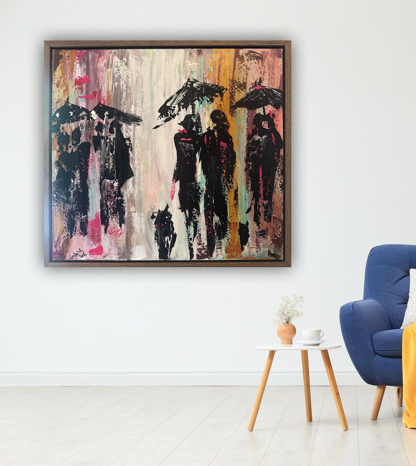 Original Abstract contemporary Oil Painting On Canvas 64cm x 60cm London in the Rain Framed in dark oak
