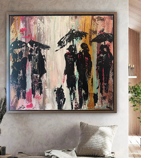Original Abstract contemporary Oil Painting On Canvas 64cm x 60cm London in the Rain Framed in dark oak