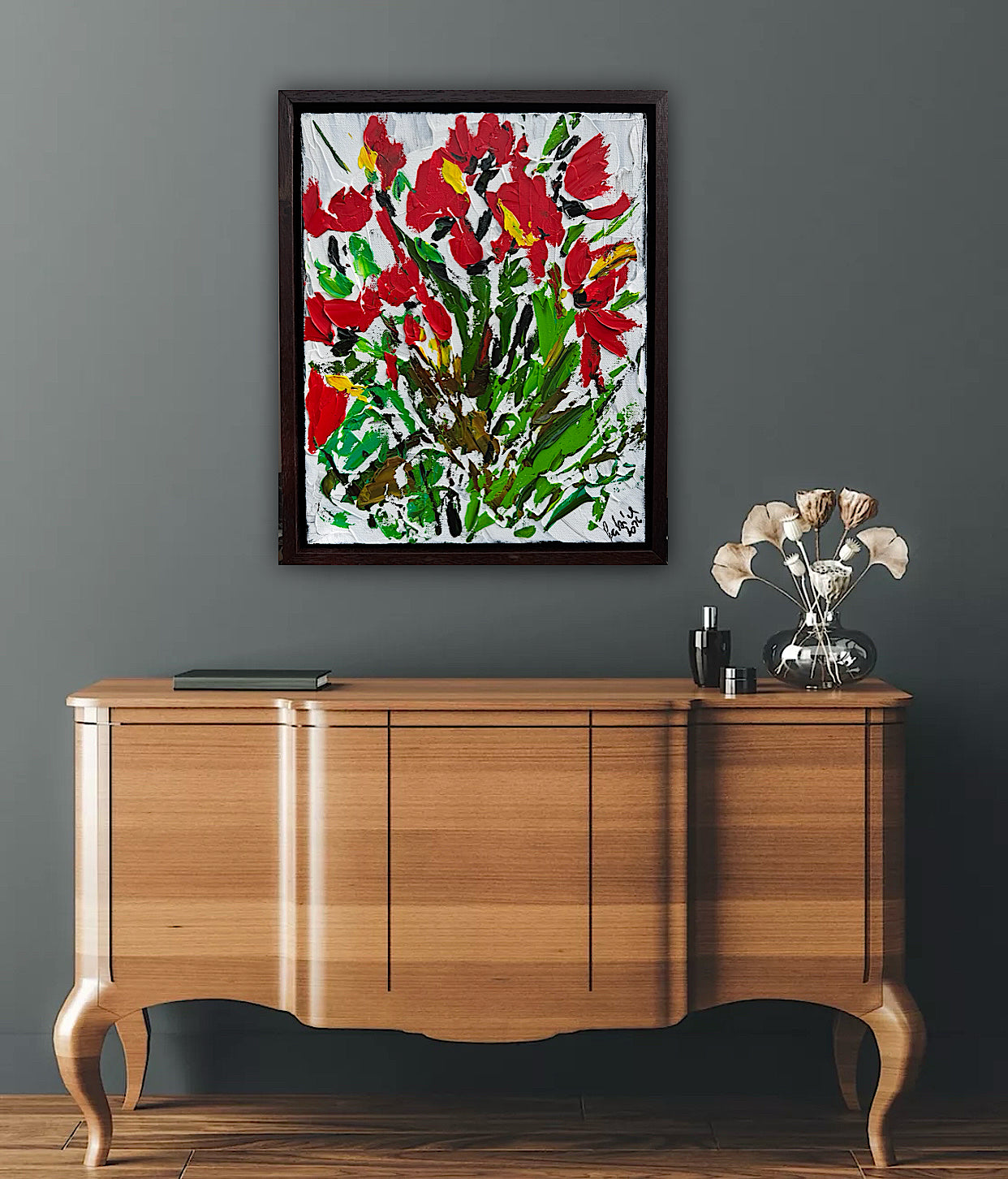 Framed Original Contemporary Abstract Oil Painting On Canvas 38 x 32cm ‘ Red Flowers