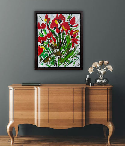 Framed Original Contemporary Abstract Oil Painting On Canvas 38 x 32cm ‘ Red Flowers