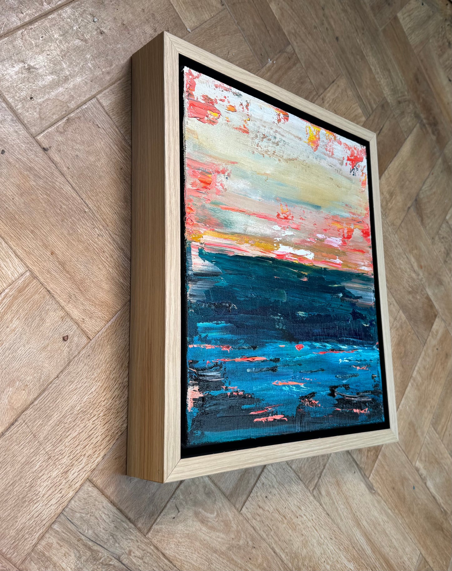 Framed in oak Original Abstract contemporary Oil Painting On Canvas 38x33cm  textured Oka Elysian Waters