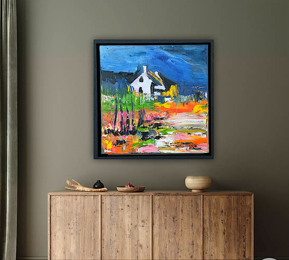 Framed in black frame Original Abstract contemporary Oil Painting On Canvas 32 x 32cm Irish cottage
