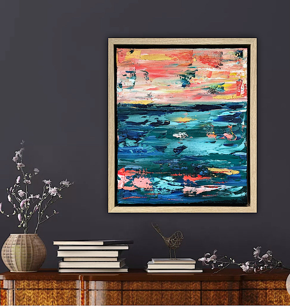 Framed in oak Original Abstract contemporary Oil Painting On Canvas 40x35cm  textured Oka Azure Ember
