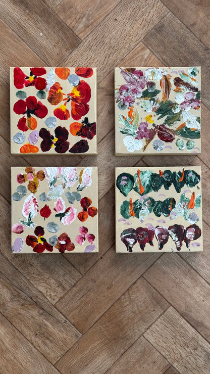 Oka set of 4 Modern Abstract Original Oil Paintings On Canvas Petals 15x15cm each