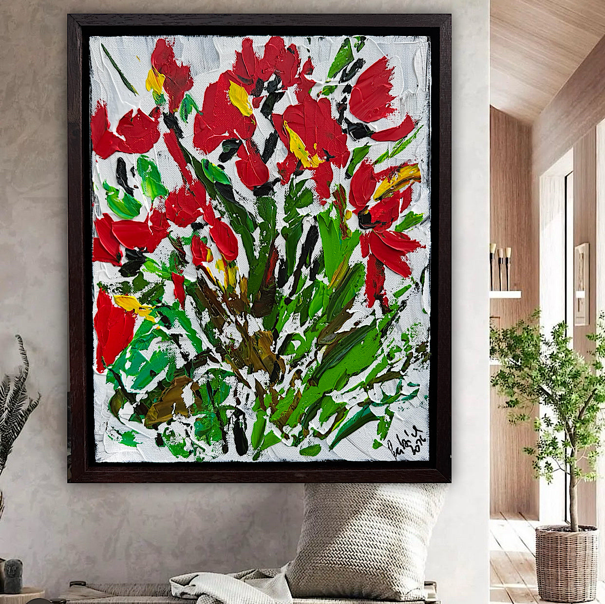 Framed Original Contemporary Abstract Oil Painting On Canvas 38 x 32cm ‘ Red Flowers