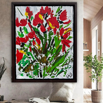 Framed Original Contemporary Abstract Oil Painting On Canvas 38 x 32cm ‘ Red Flowers