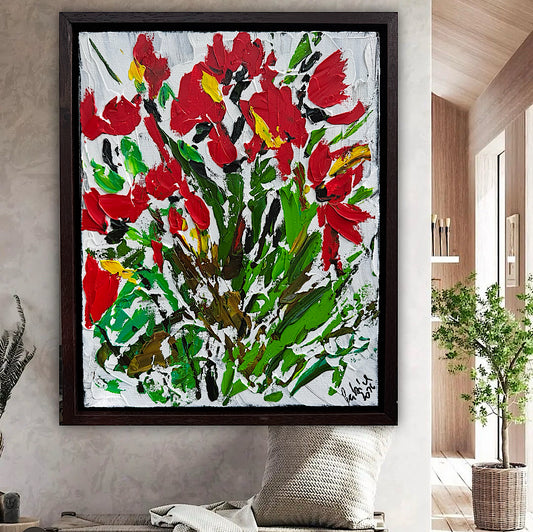 Framed Original Contemporary Abstract Oil Painting On Canvas 38 x 32cm ‘ Red Flowers