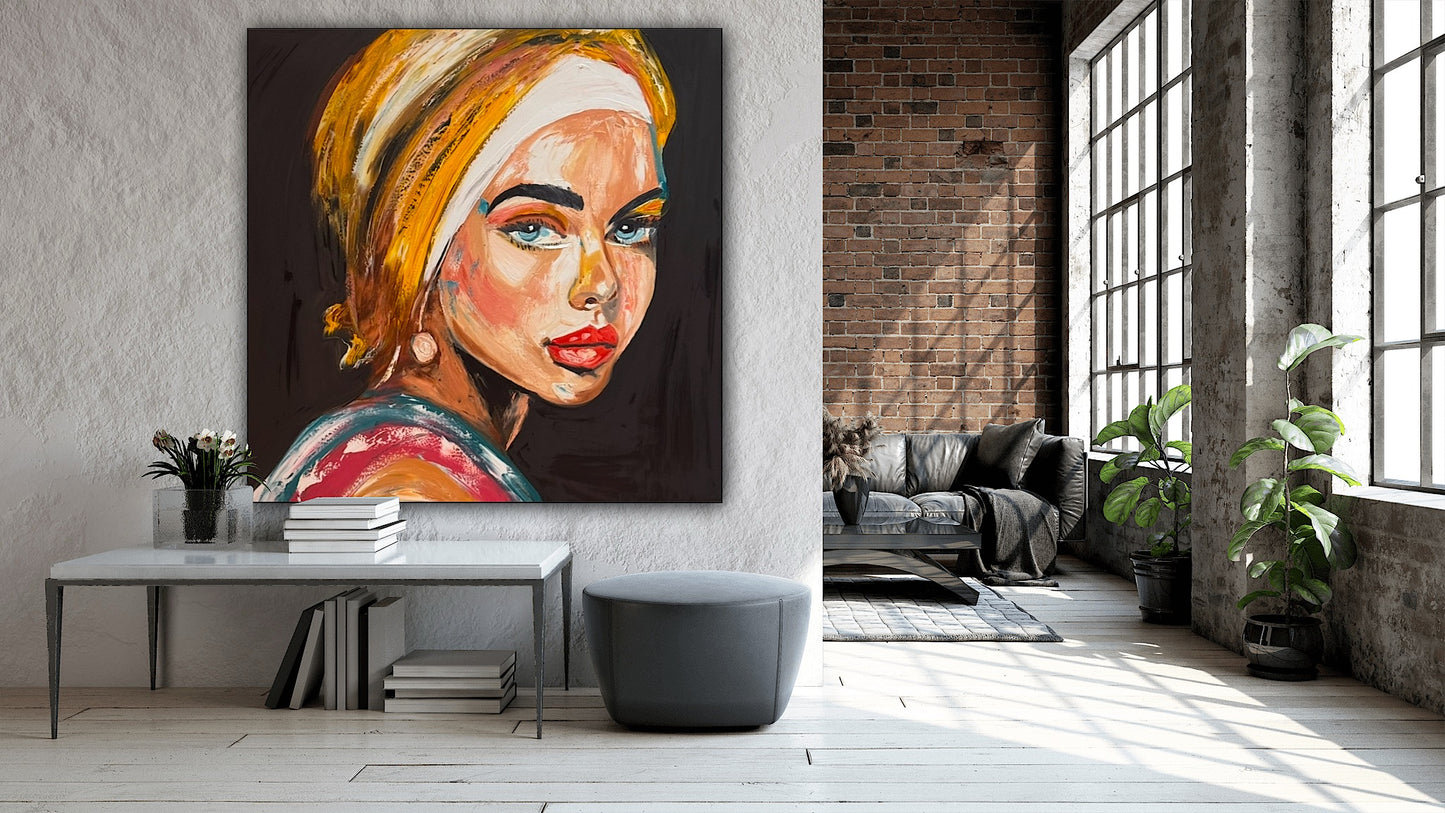 Richter Style Abstract Original Oil Painting On 90 x 90cm canvas Pillow Talk Eyes woman portrait