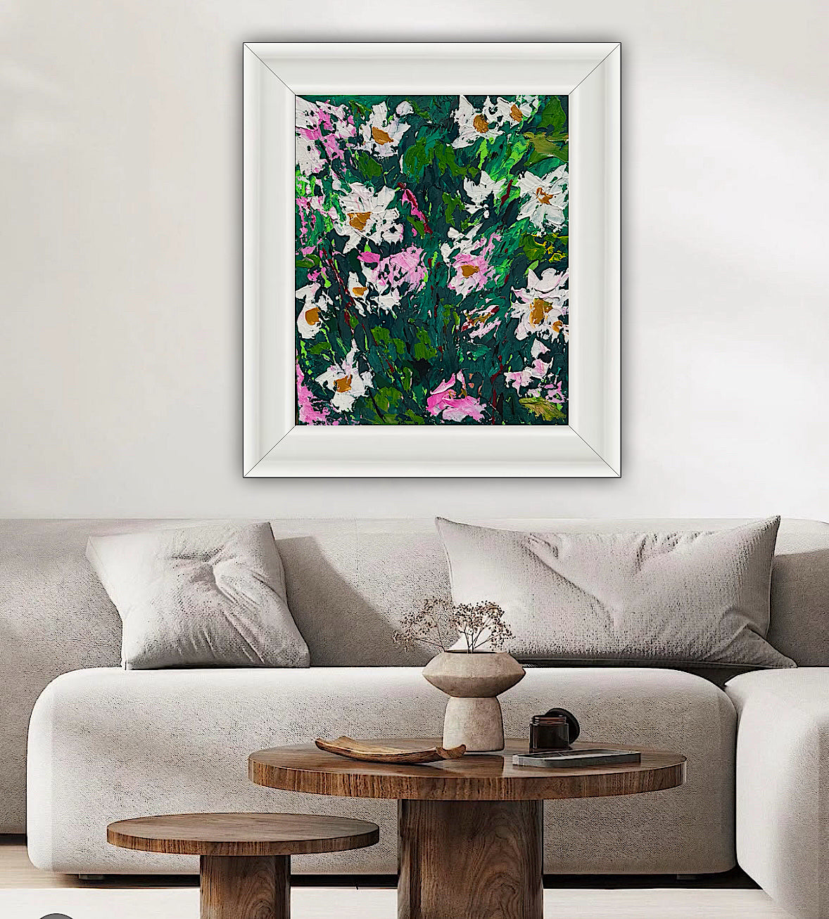 Original Abstract Oil Painting On Canvas board 60 x 50cm garden white flowers II Oka