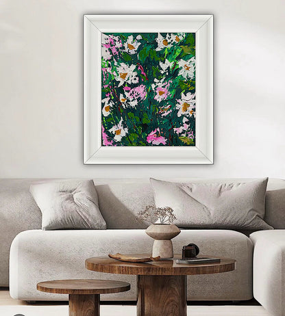 Original Abstract Oil Painting On Canvas board 60 x 50cm garden white flowers II Oka