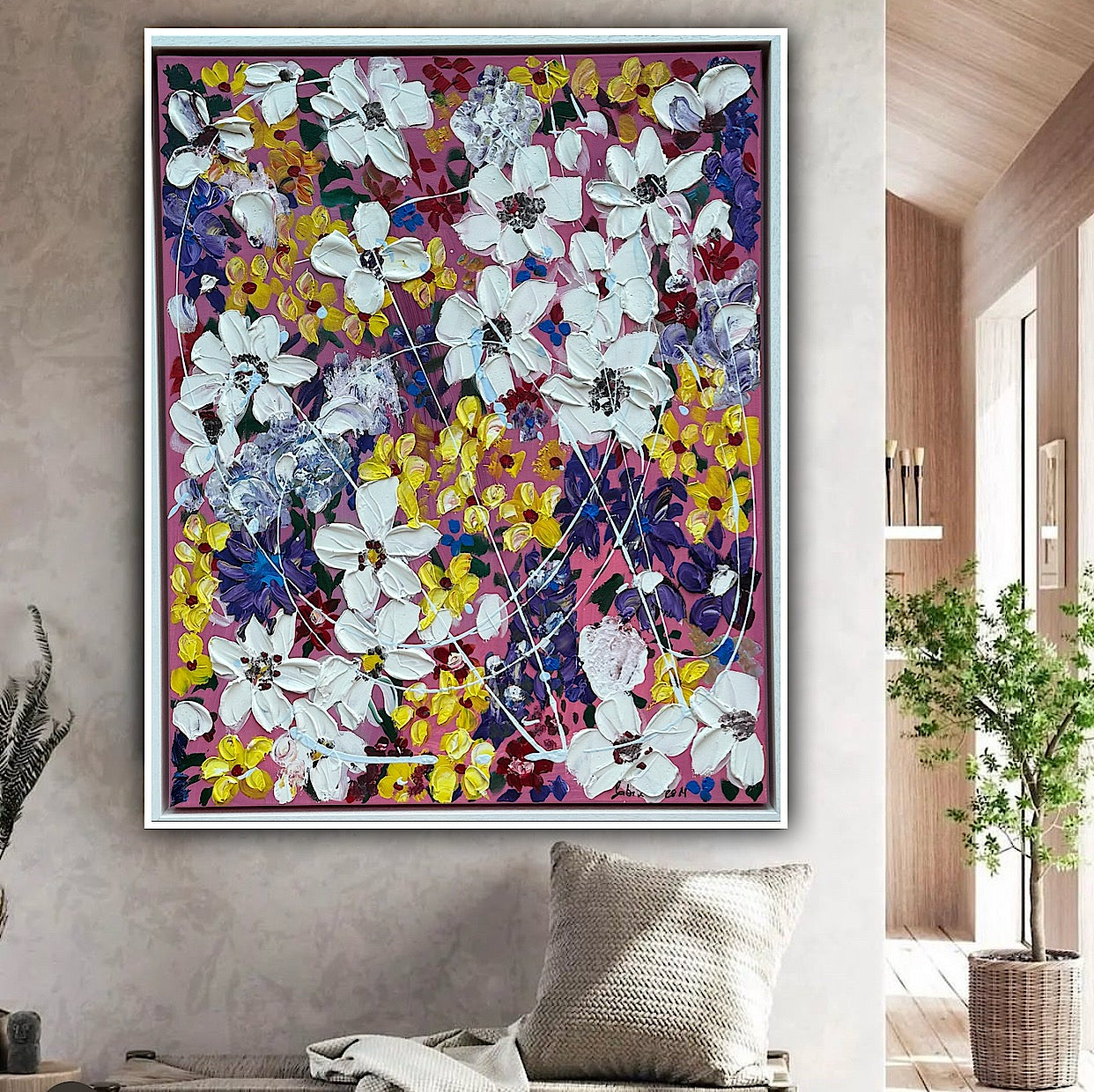 Framed Original Abstract Oil Painting On Canvas 80 x 65cm white flowers in bloom textured framed