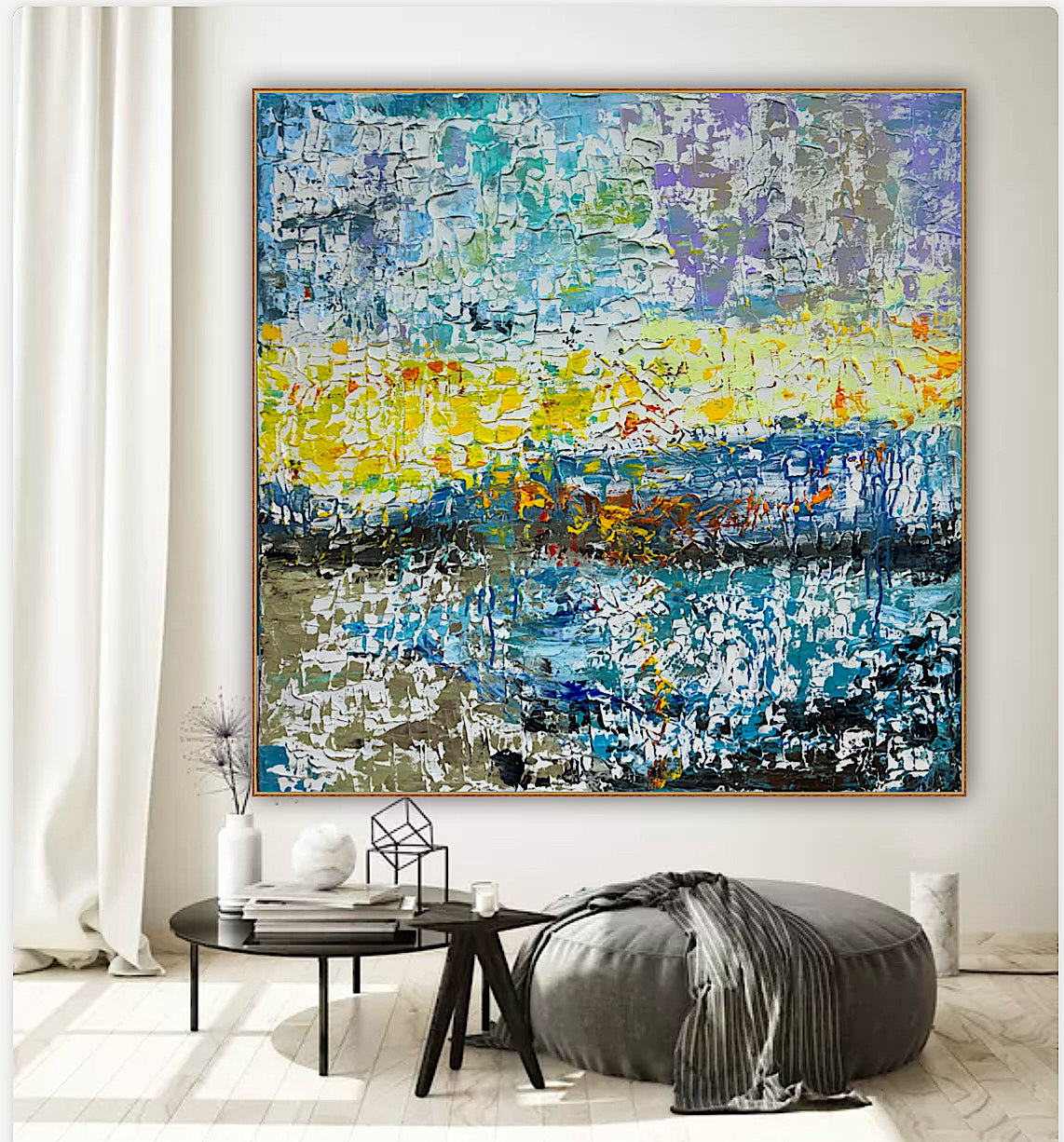 Original Abstract Oil Painting On Canvas Textured 100x100cm  Tides of Radiance (seaside)