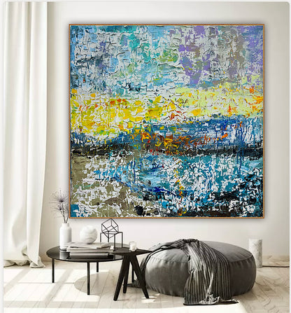 Original Abstract Oil Painting On Canvas Textured 100x100cm  Tides of Radiance (seaside)