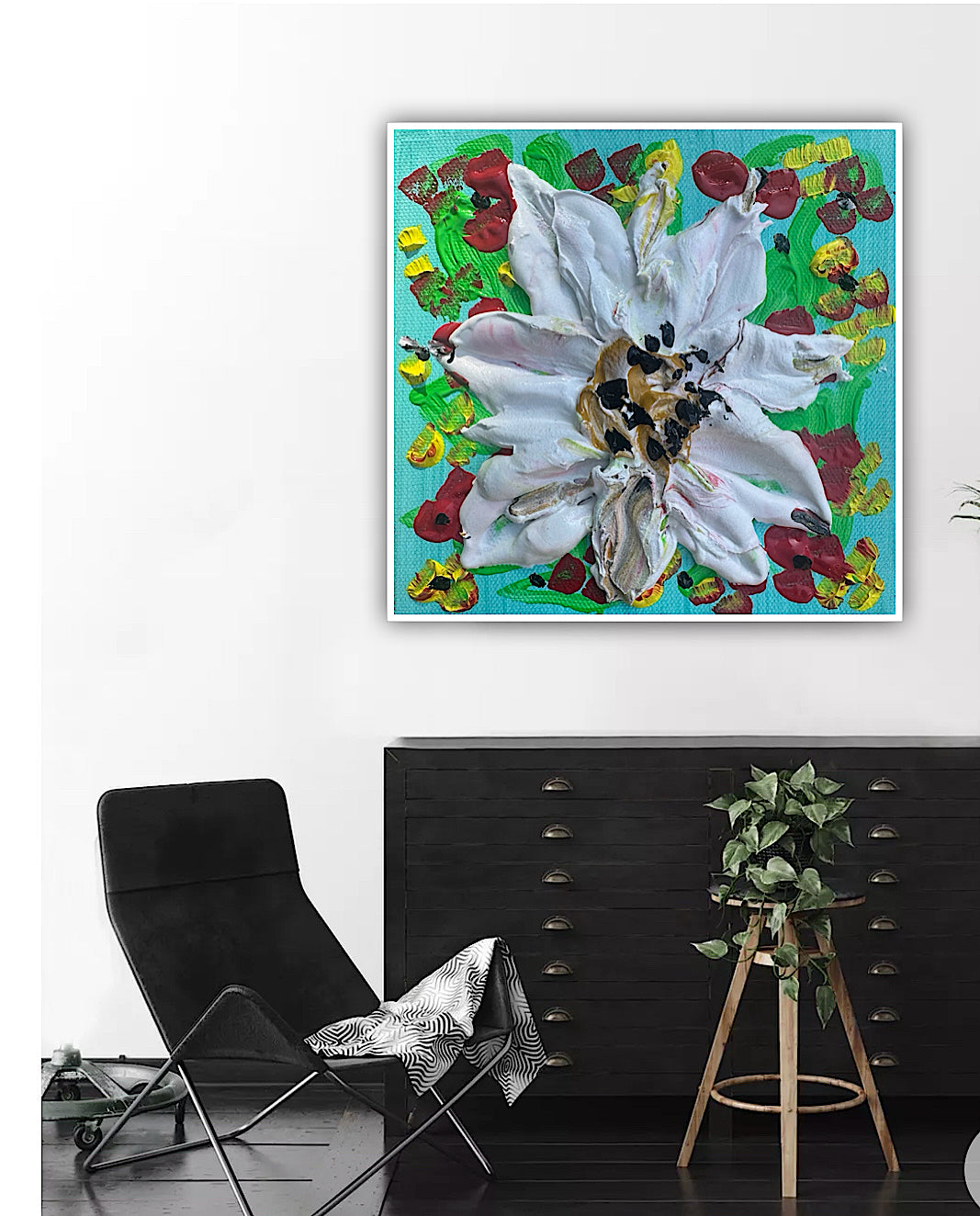 Modern Abstract Original Oil Paintings On 4cm deep Canvas ‘white flower ’  15x15cm textured